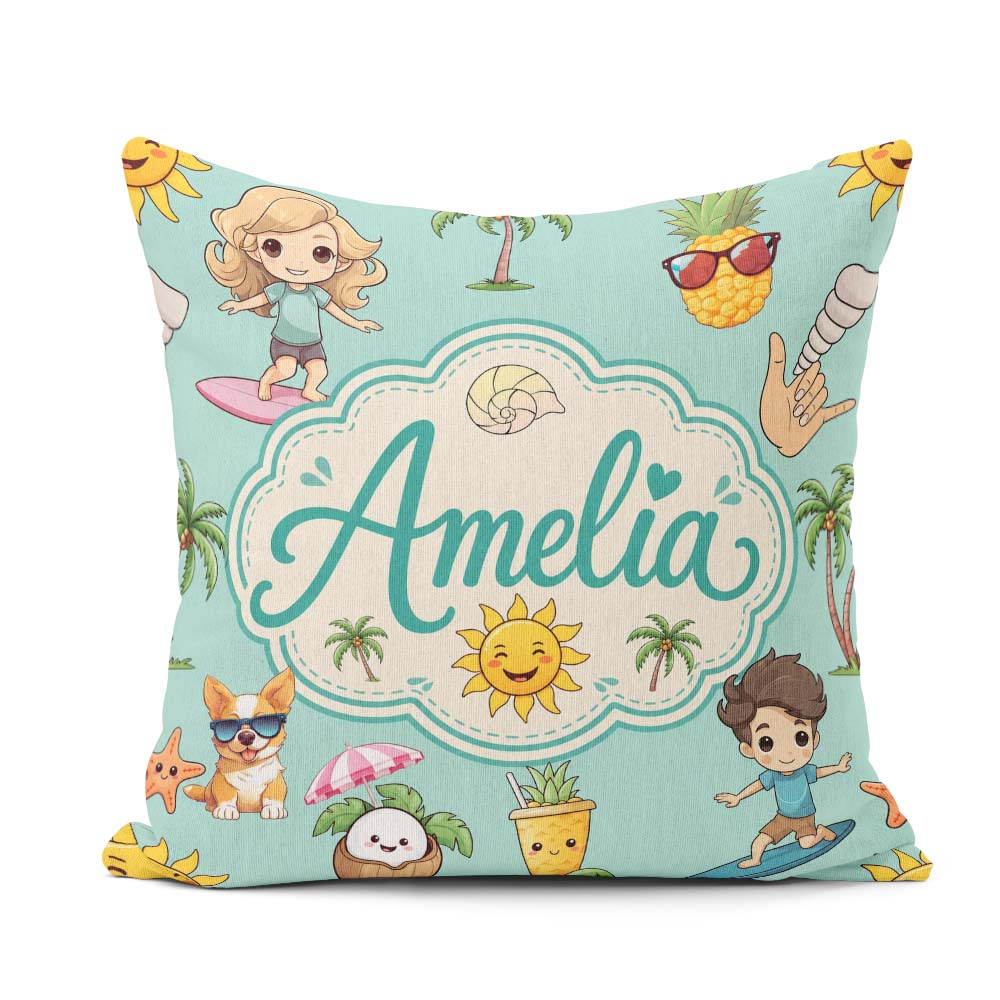 Custom Name Cute Summer Beach Cartoon Kids Surf Mint Background Square Filled Cushion Throw Pillow Sofa Bed Home Decor Zip Washable UK Made