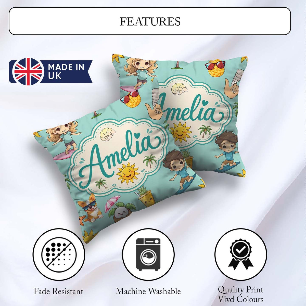 Custom Name Cute Summer Beach Cartoon Kids Surf Mint Background Square Filled Cushion Throw Pillow Sofa Bed Home Decor Zip Washable UK Made