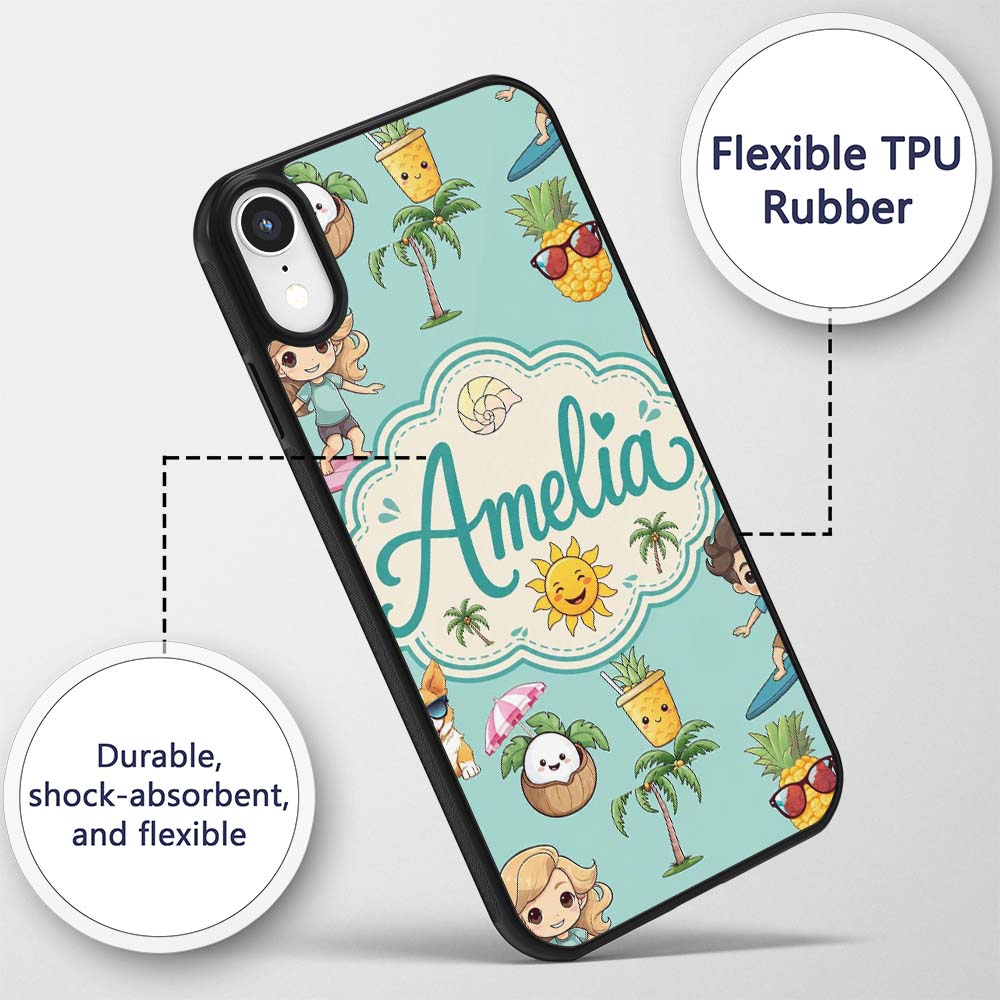 Cute Summer Beach Cartoon Kids Surf Pineapple Custom Name Protective Phone Case Mobile Cover Durable Everyday Smartphone Shock Resistant
