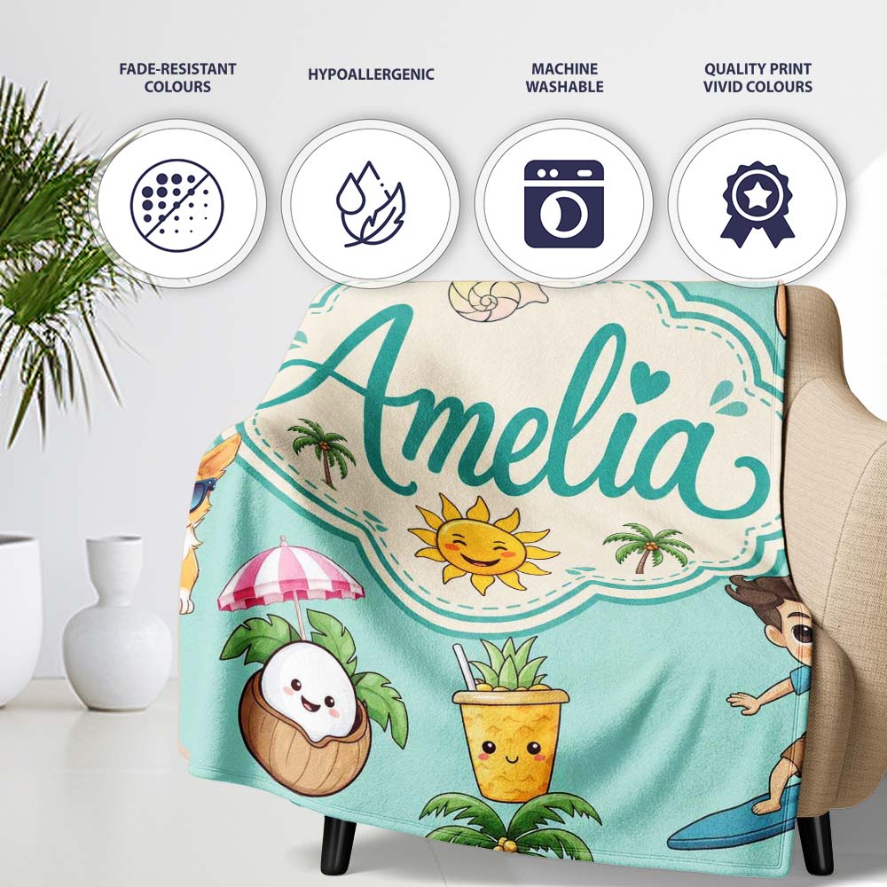 Cute Summer Beach Cartoon Kids Surf Pineapple Mint Background Personalised Custom Name Super Soft Fleece Blanket Bed Sofa Throw