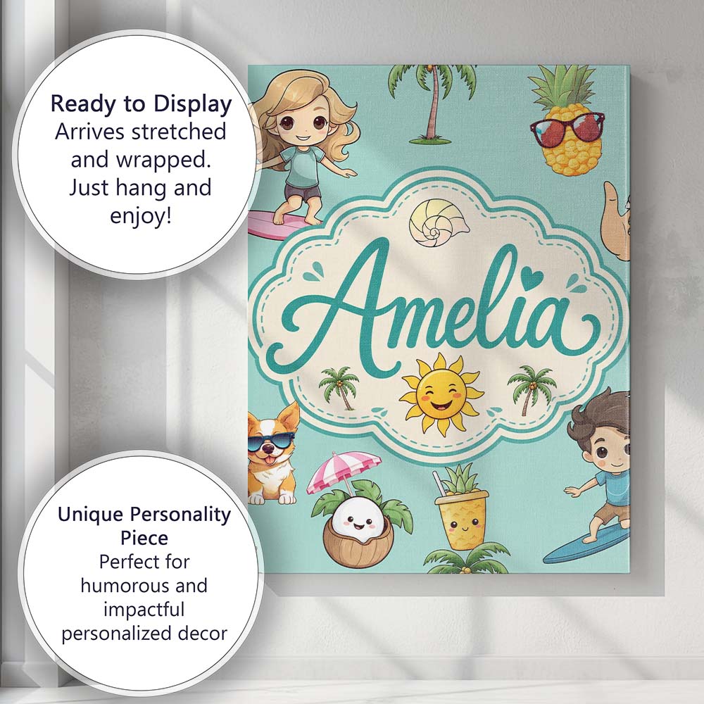 Personalised Name Cute Summer Beach Cartoon Custom Bespoke Interior Contemporary Canvas Wall Art Print Decor Picture Ready to Hang