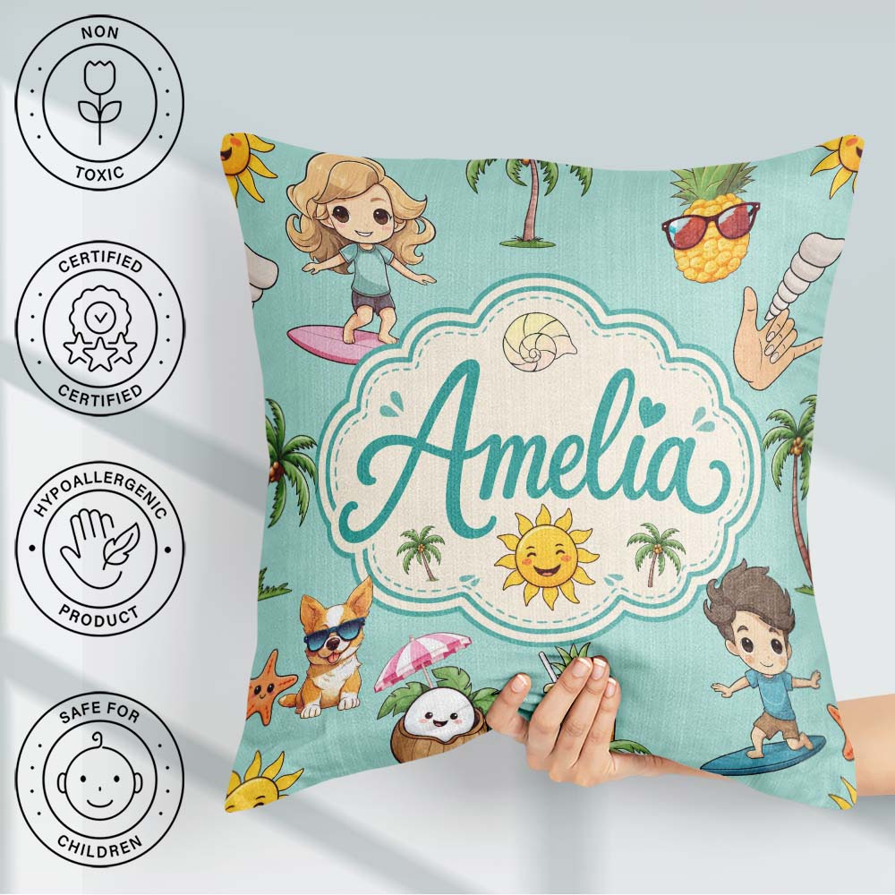 Custom Name Cute Summer Beach Cartoon Kids Surf Mint Background Square Filled Cushion Throw Pillow Sofa Bed Home Decor Zip Washable UK Made