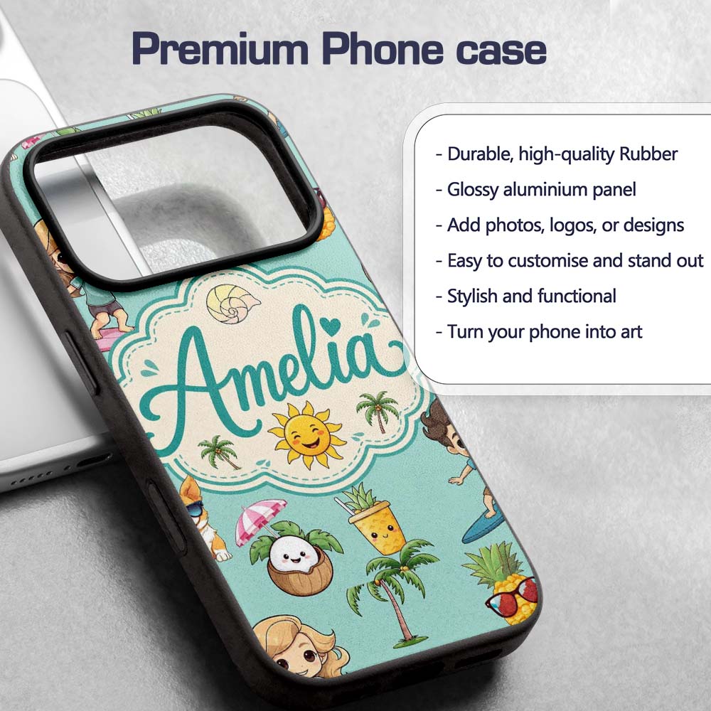 Cute Summer Beach Cartoon Kids Surf Pineapple Custom Name Protective Phone Case Mobile Cover Durable Everyday Smartphone Shock Resistant