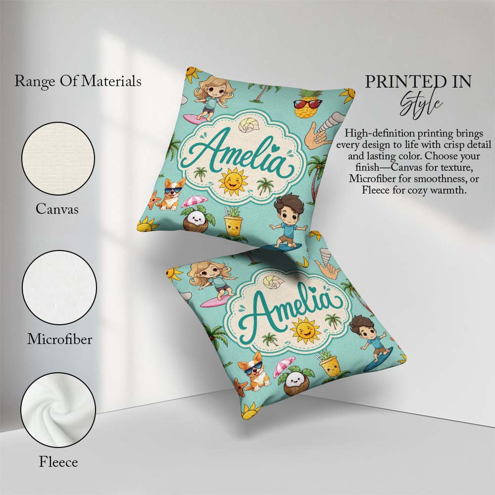 Custom Name Cute Summer Beach Cartoon Kids Surf Mint Background Square Filled Cushion Throw Pillow Sofa Bed Home Decor Zip Washable UK Made