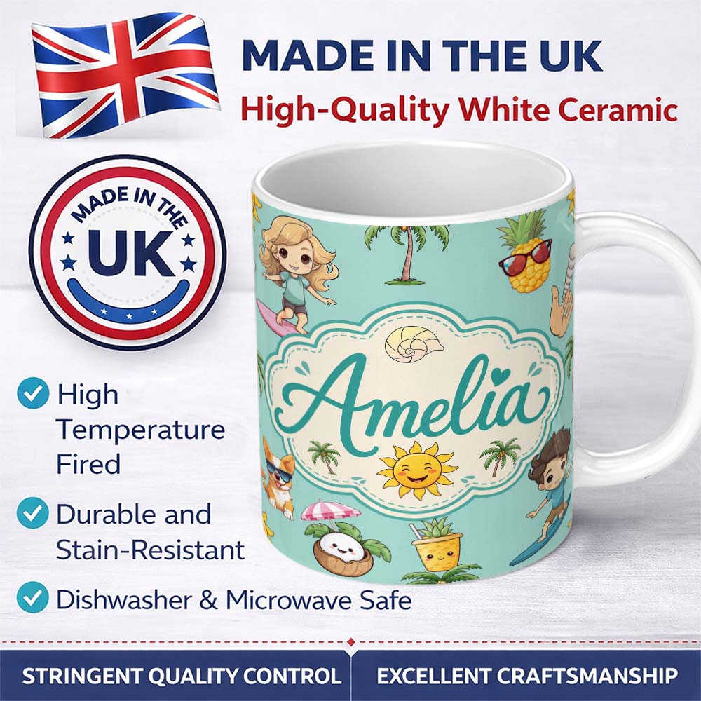 Personalized Custom Name Cute Summer Beach Cartoon Kids Surf Pineapple Mint Background 11oz Ceramic Coffee Tea Mug White Large Handle