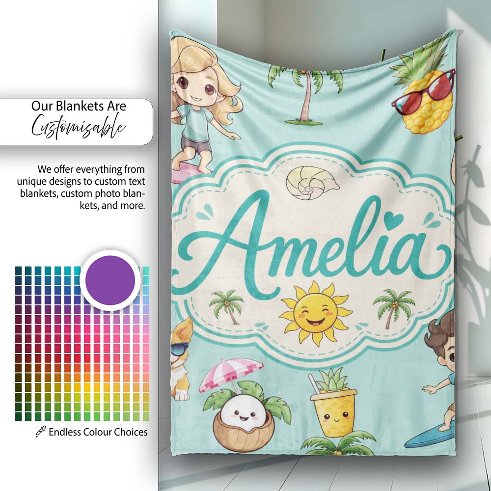 Cute Summer Beach Cartoon Kids Surf Pineapple Mint Background Personalised Custom Name Super Soft Fleece Blanket Bed Sofa Throw
