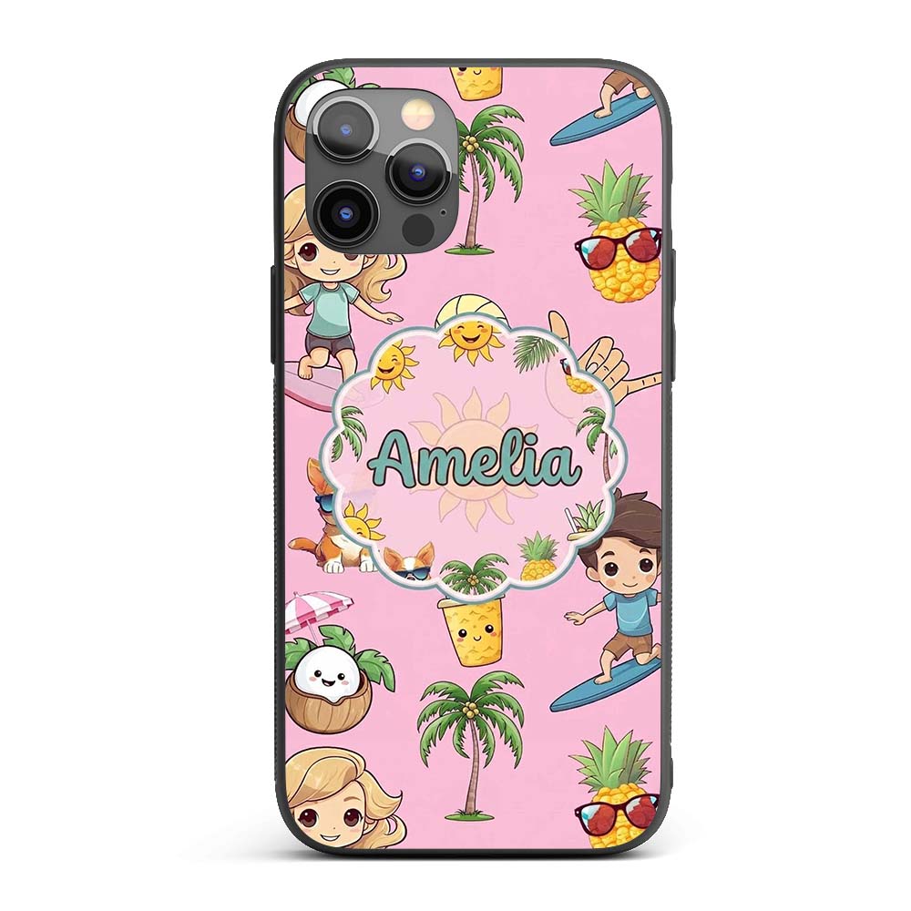 Cute Summer Beach Cartoon Kids Surf Pineapple Custom Name Protective Phone Case Mobile Cover Durable Everyday Smartphone Shock Resistant