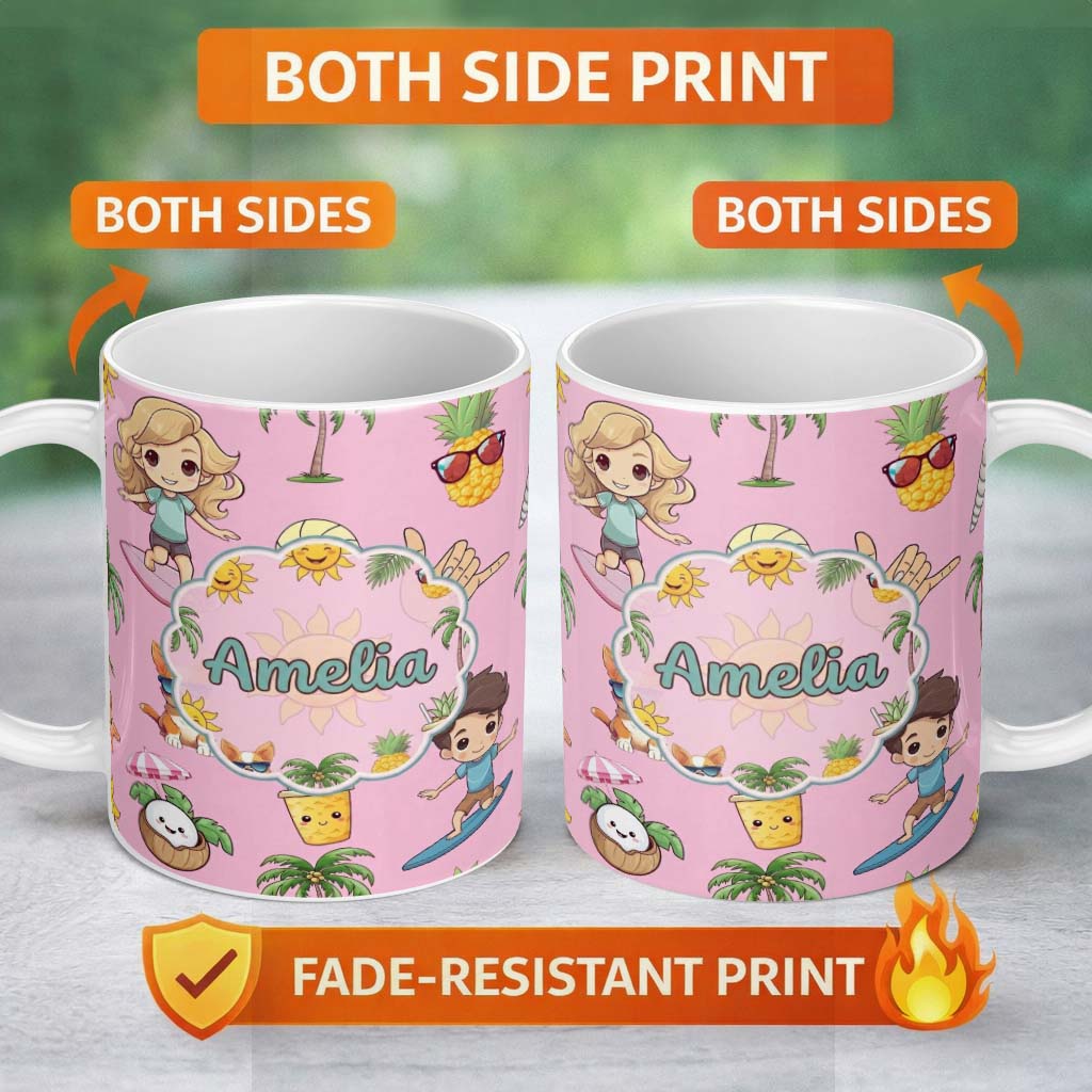 Personalized Custom Name Cute Summer Beach Cartoon Kids Surf Pineapple Pink Background 11oz Ceramic Coffee Tea Mug White Large Handle