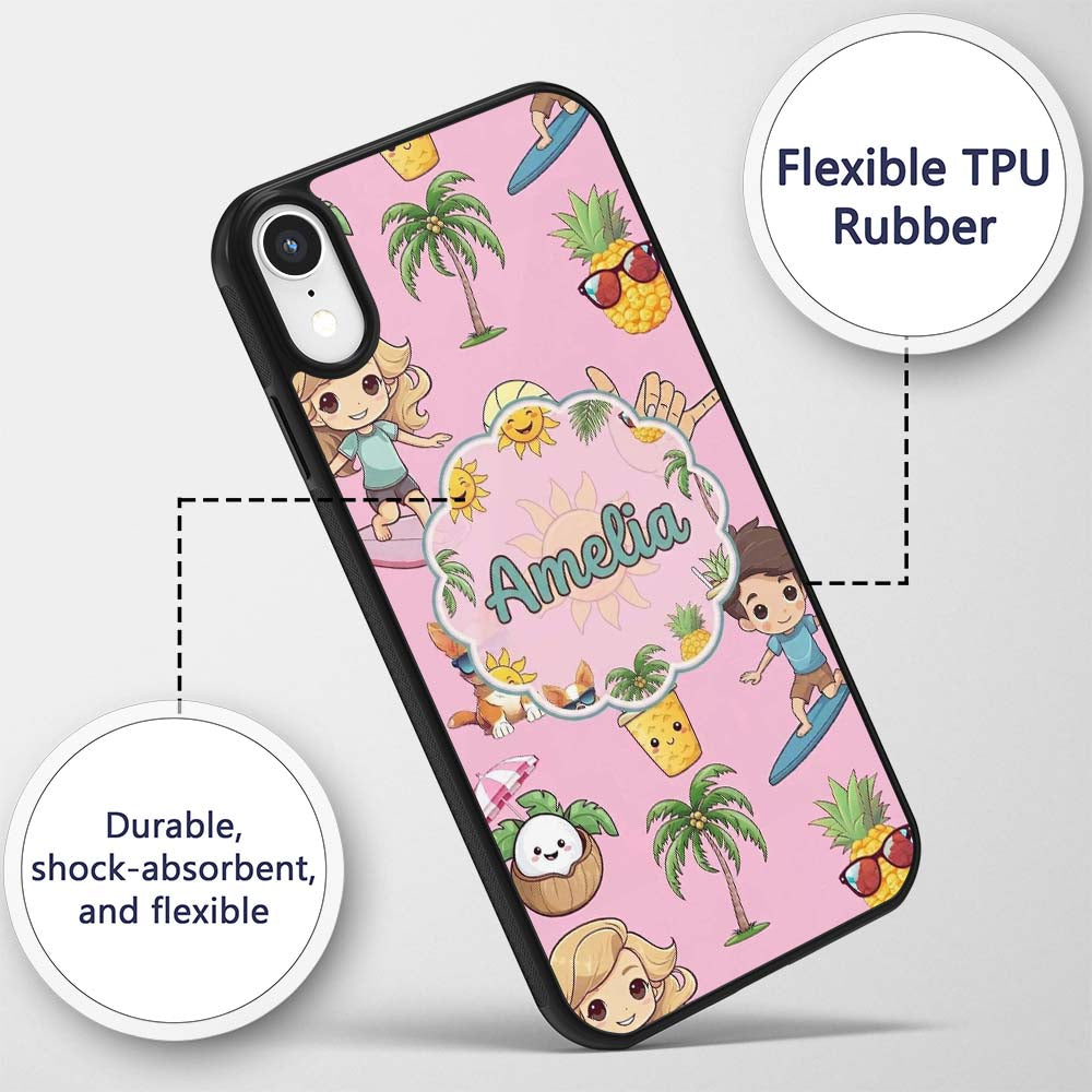 Cute Summer Beach Cartoon Kids Surf Pineapple Custom Name Protective Phone Case Mobile Cover Durable Everyday Smartphone Shock Resistant