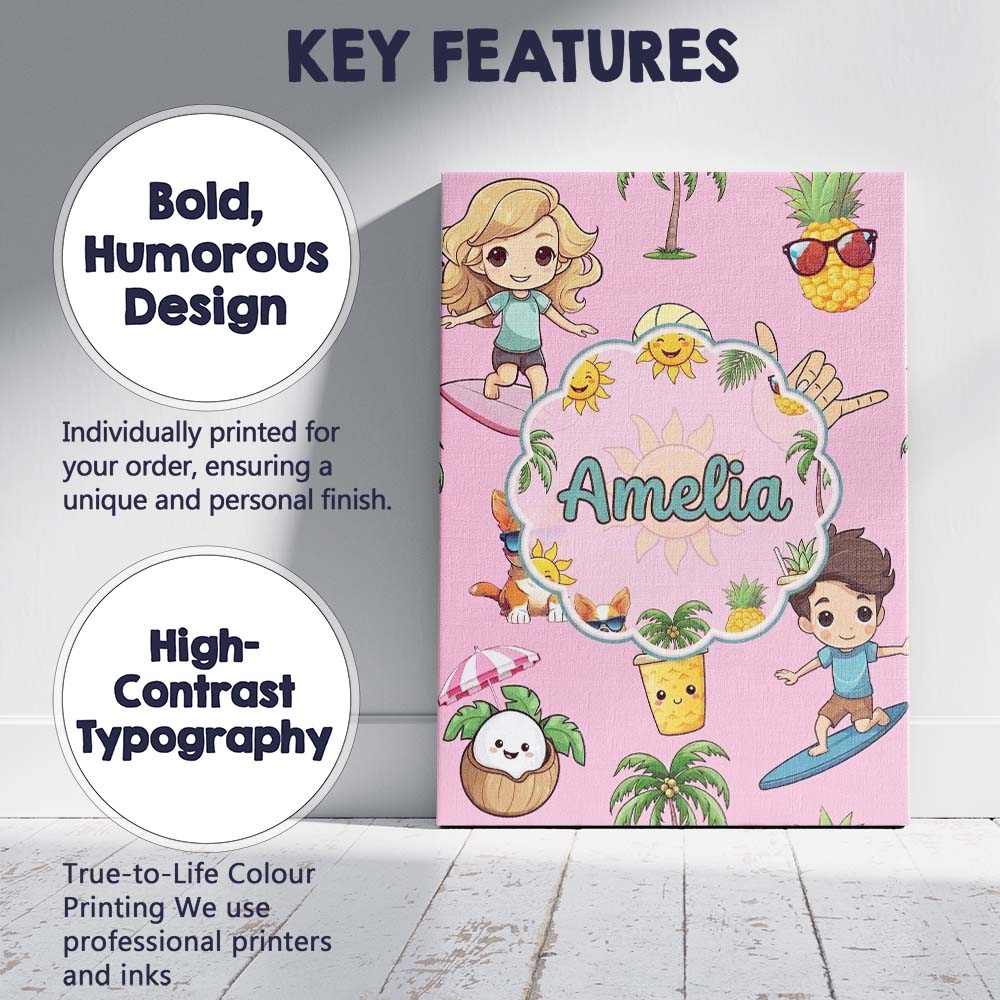 Personalised Name Cute Summer Beach Cartoon Custom Bespoke Interior Contemporary Canvas Wall Art Print Decor Picture Ready to Hang