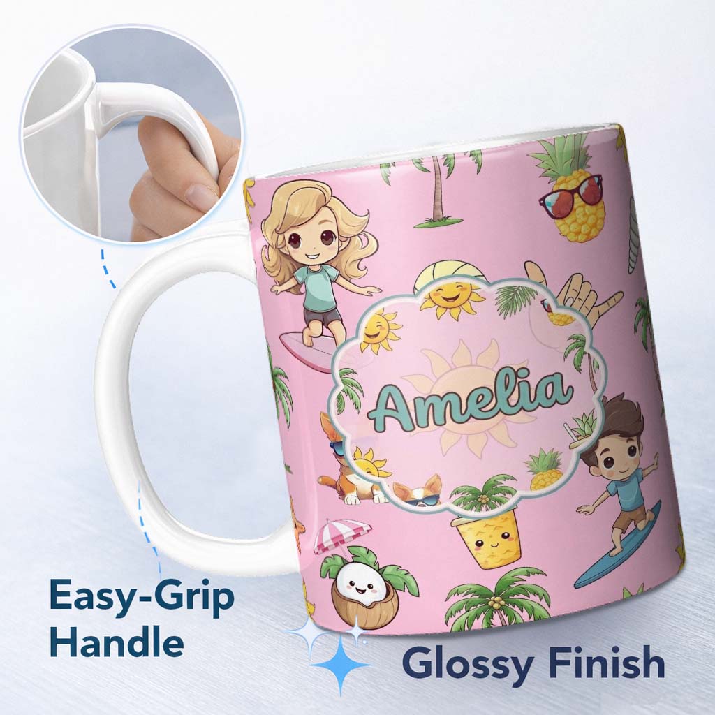 Personalized Custom Name Cute Summer Beach Cartoon Kids Surf Pineapple Pink Background 11oz Ceramic Coffee Tea Mug White Large Handle