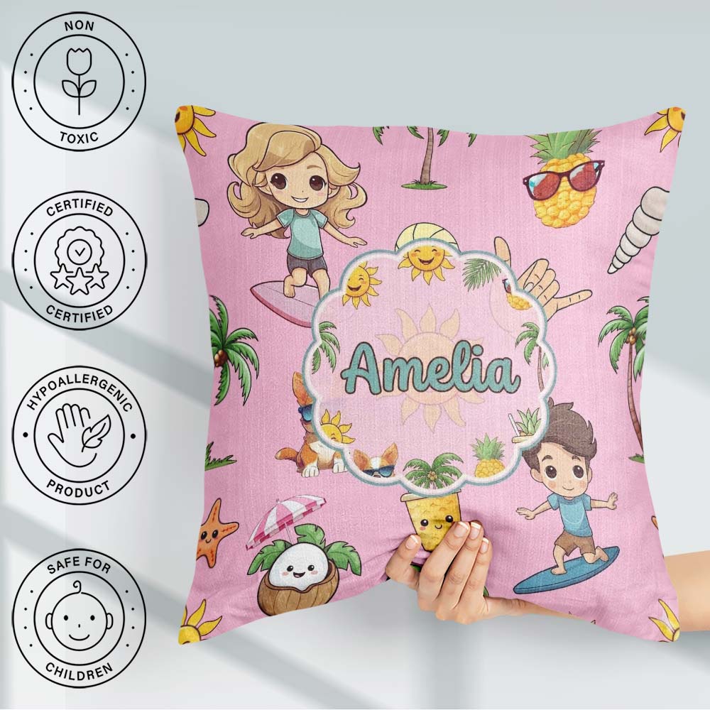 Custom Name Cute Summer Beach Cartoon Kids Surf Pink Background Square Filled Cushion Throw Pillow Sofa Bed Home Decor Zip Washable UK Made