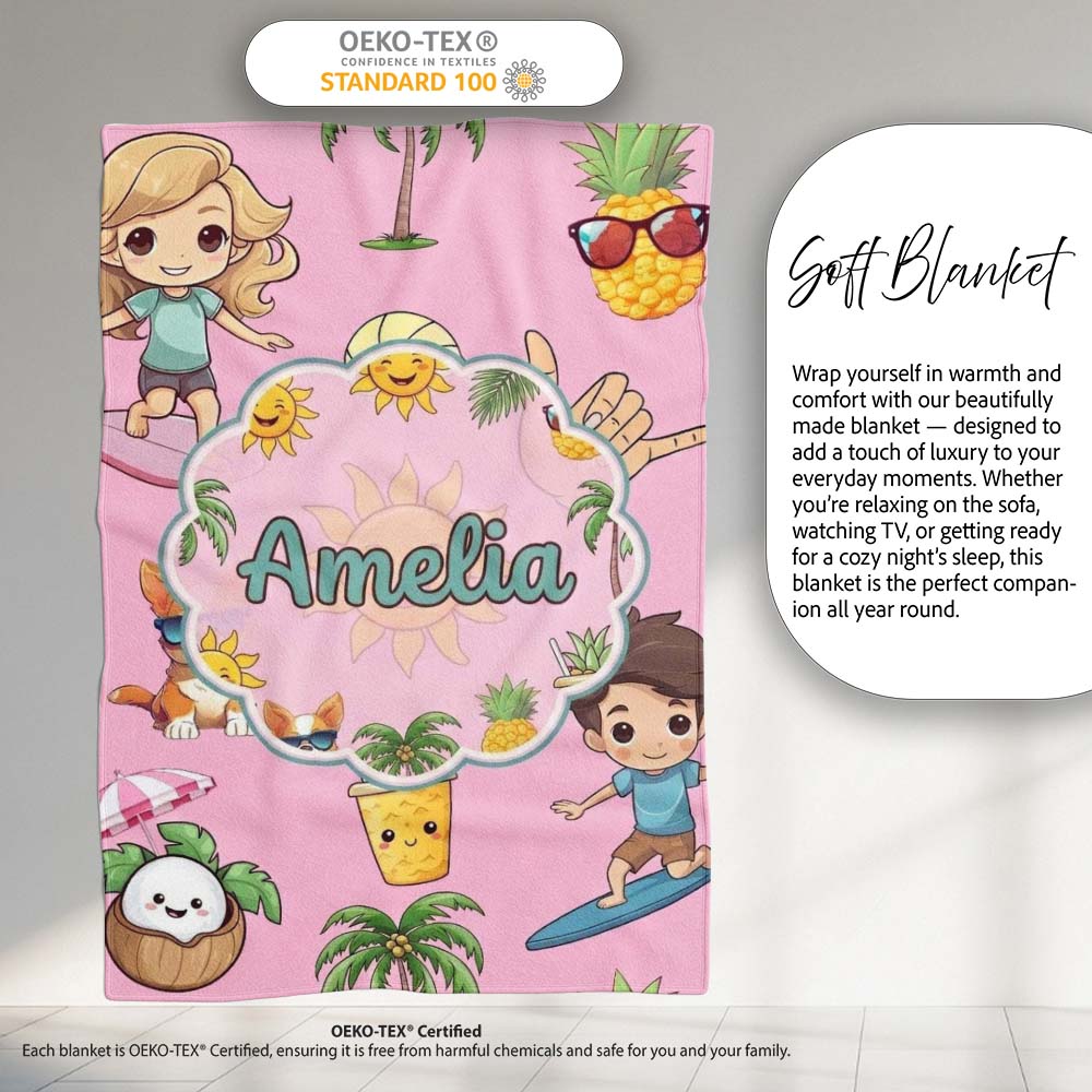 Cute Summer Beach Cartoon Kids Surf Pineapple Pink Background Personalised Custom Name Super Soft Fleece Blanket Bed Sofa Throw