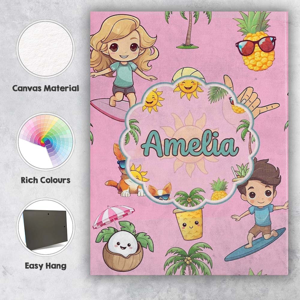 Personalised Name Cute Summer Beach Cartoon Custom Bespoke Interior Contemporary Canvas Wall Art Print Decor Picture Ready to Hang