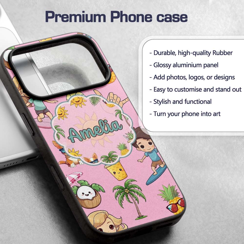 Cute Summer Beach Cartoon Kids Surf Pineapple Custom Name Protective Phone Case Mobile Cover Durable Everyday Smartphone Shock Resistant