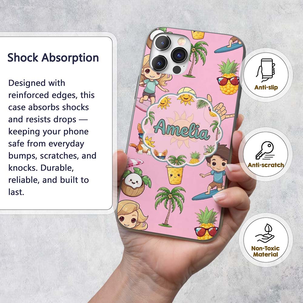 Cute Summer Beach Cartoon Kids Surf Pineapple Custom Name Protective Phone Case Mobile Cover Durable Everyday Smartphone Shock Resistant