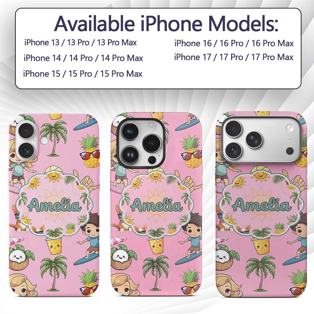 Cute Summer Beach Cartoon Kids Surf Pineapple Custom Name Protective Phone Case Mobile Cover Durable Everyday Smartphone Shock Resistant