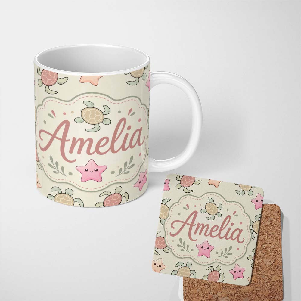 Personalized Custom Name Cute Sea Turtle and Starfish Pastel Ocean Seamless Pattern Name 11oz Ceramic Coffee Tea Mug White Large Handle