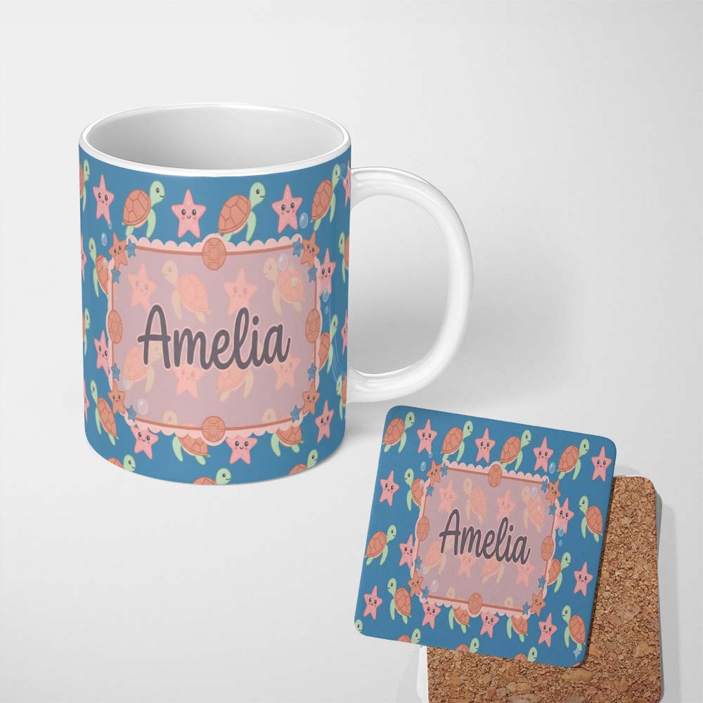 Personalized Custom Name Cute Sea Turtle and Starfish Blue Ocean Seamless Pattern Name 11oz Ceramic Coffee Tea Mug White Large Handle