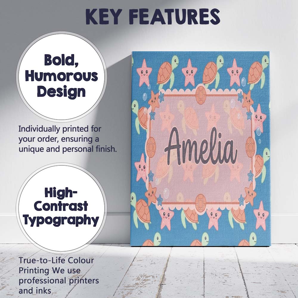 Personalised Name Cute Sea Turtle and Custom Modern Room Accent Creative Decorator Style Canvas Wall Art Print Decor Picture Ready to Hang
