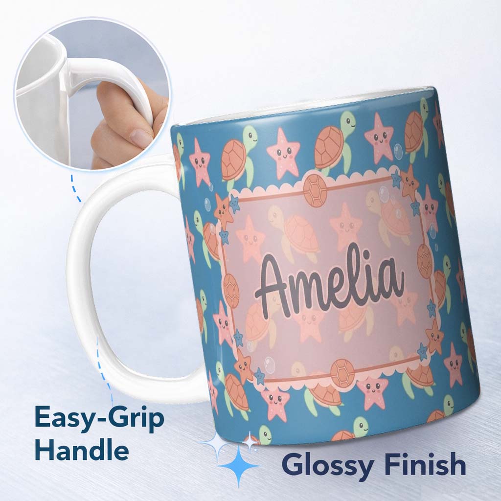 Personalized Custom Name Cute Sea Turtle and Starfish Blue Ocean Seamless Pattern Name 11oz Ceramic Coffee Tea Mug White Large Handle