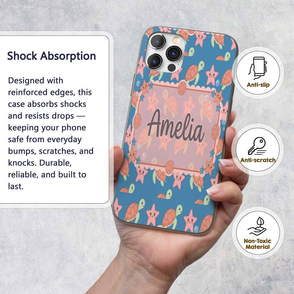 Cute Sea Turtle and Starfish Blue Ocean Seamless Custom Name Protective Phone Case Mobile Cover Durable Everyday Smartphone Shock Resistant