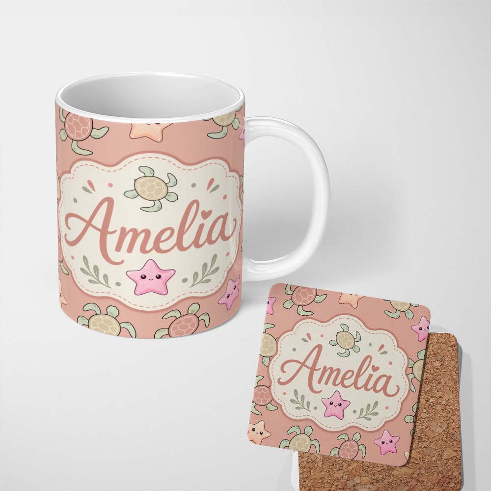 Personalized Custom Name Cute Sea Turtle and Starfish Coral Background Seamless Pattern 11oz Ceramic Coffee Tea Mug White Large Handle