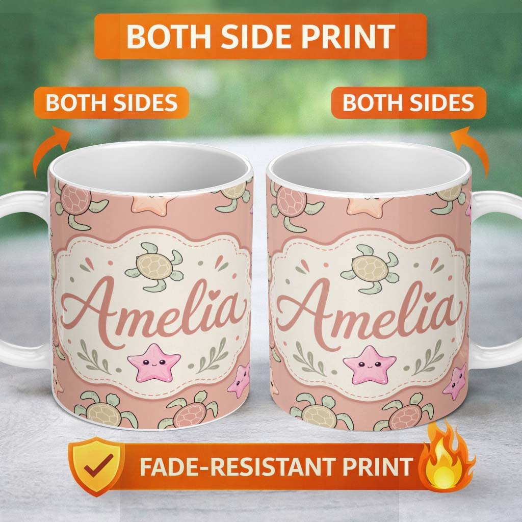 Personalized Custom Name Cute Sea Turtle and Starfish Coral Background Seamless Pattern 11oz Ceramic Coffee Tea Mug White Large Handle