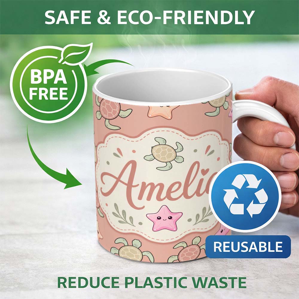 Personalized Custom Name Cute Sea Turtle and Starfish Coral Background Seamless Pattern 11oz Ceramic Coffee Tea Mug White Large Handle