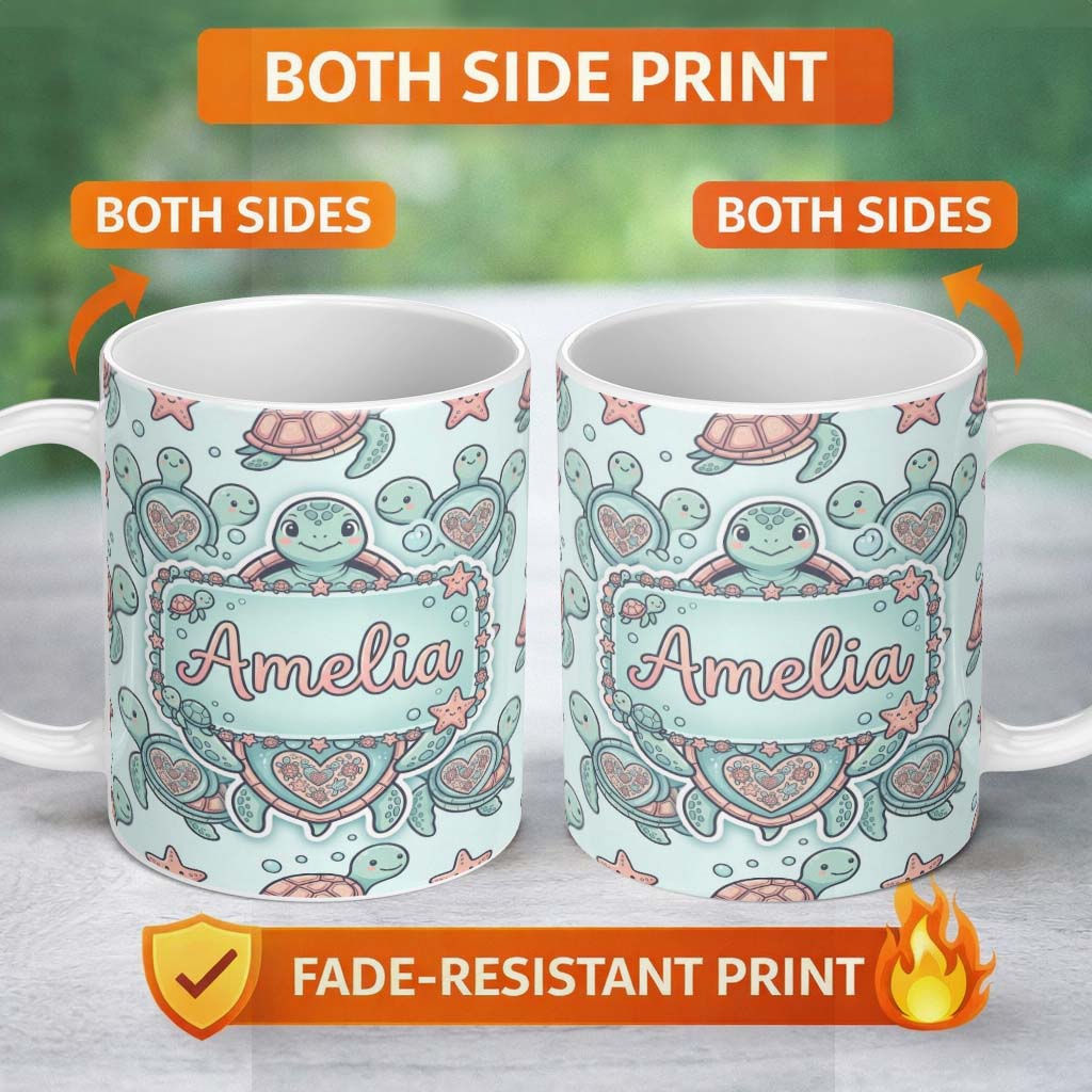 Personalized Custom Name Cute Sea Turtle and Starfish Teal Ocean Seamless Pattern Name 11oz Ceramic Coffee Tea Mug White Large Handle