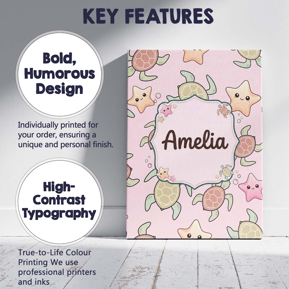 Personalised Name Cute Sea Turtle and Custom Modern Room Accent Creative Decorator Style Canvas Wall Art Print Decor Picture Ready to Hang