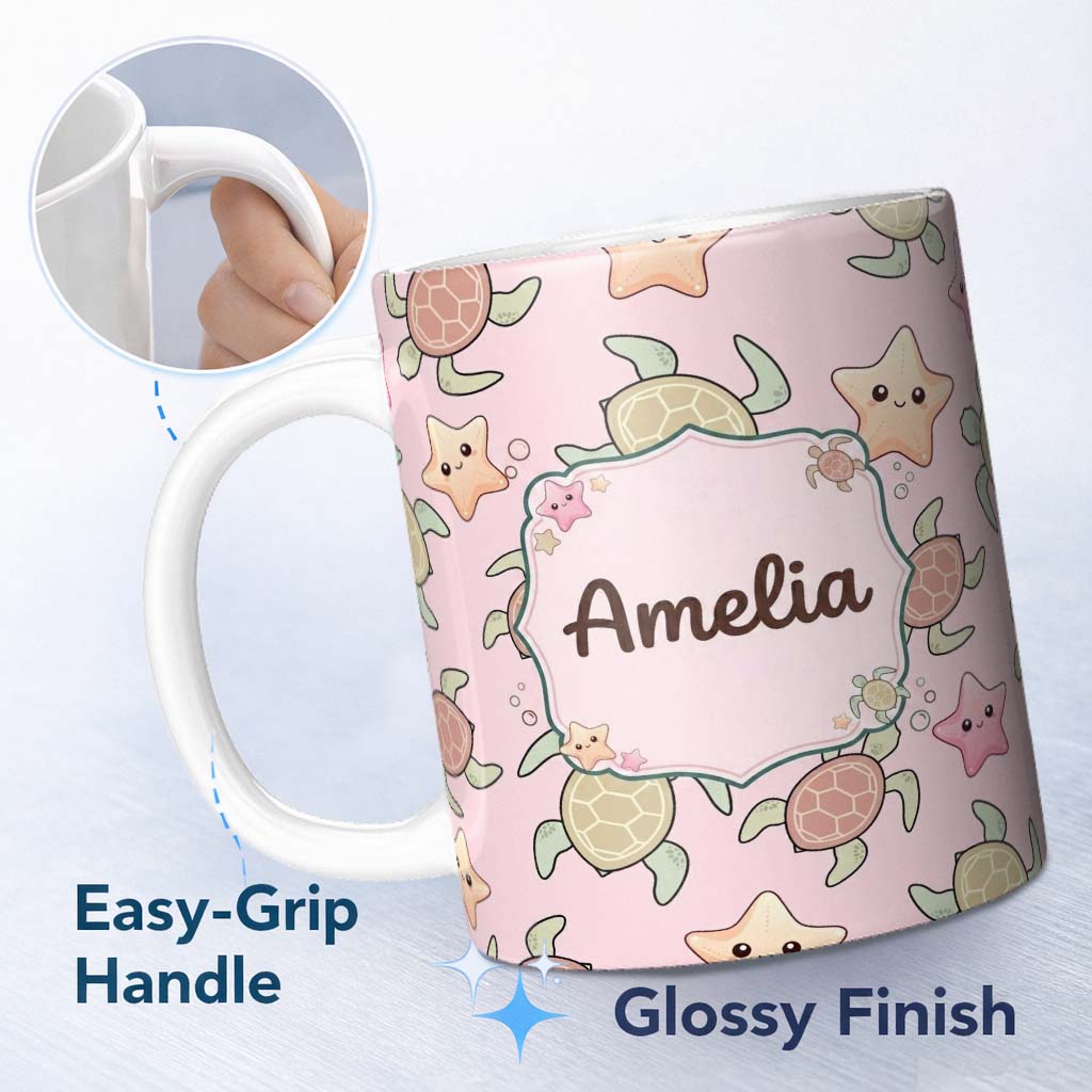Personalized Custom Name Cute Sea Turtle and Starfish Soft Pink Ocean Seamless Pattern Name 11oz Ceramic Coffee Tea Mug White Large Handle