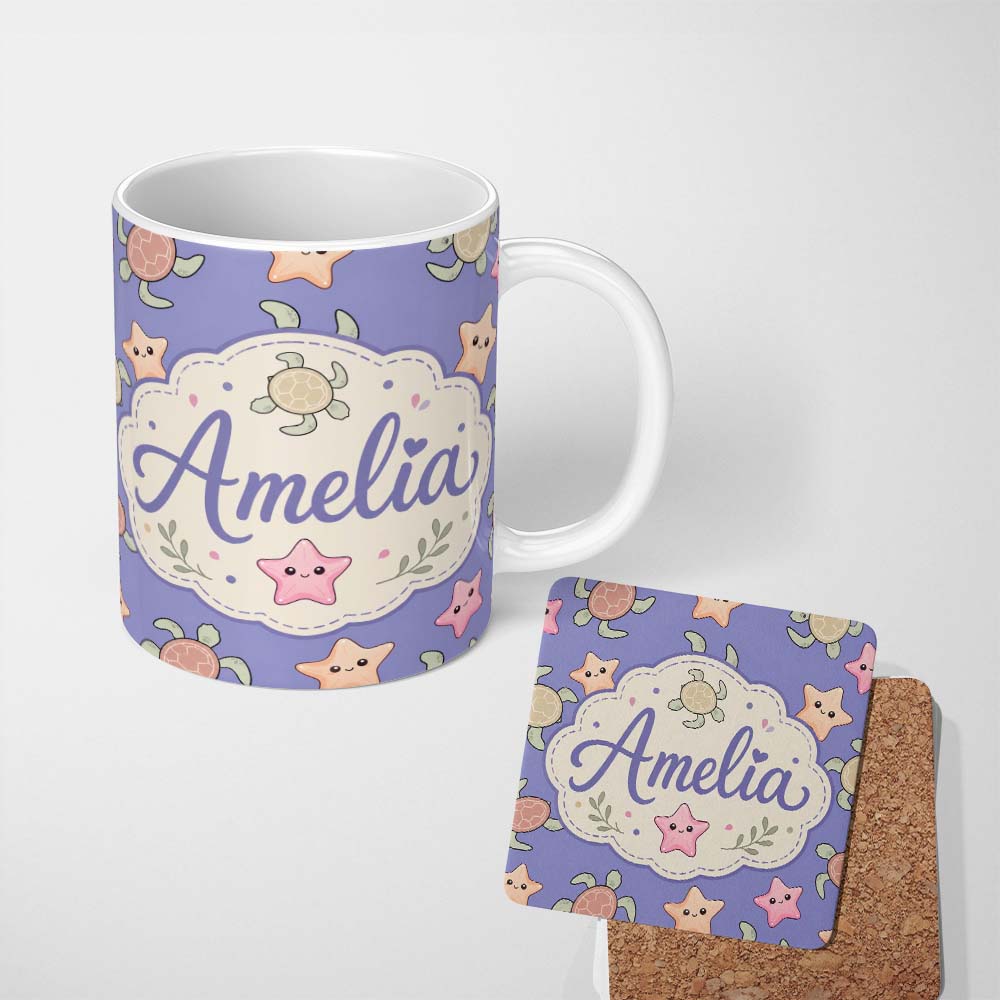 Personalized Custom Name Cute Sea Turtle and Starfish Purple Ocean Seamless Pattern Name 11oz Ceramic Coffee Tea Mug White Large Handle