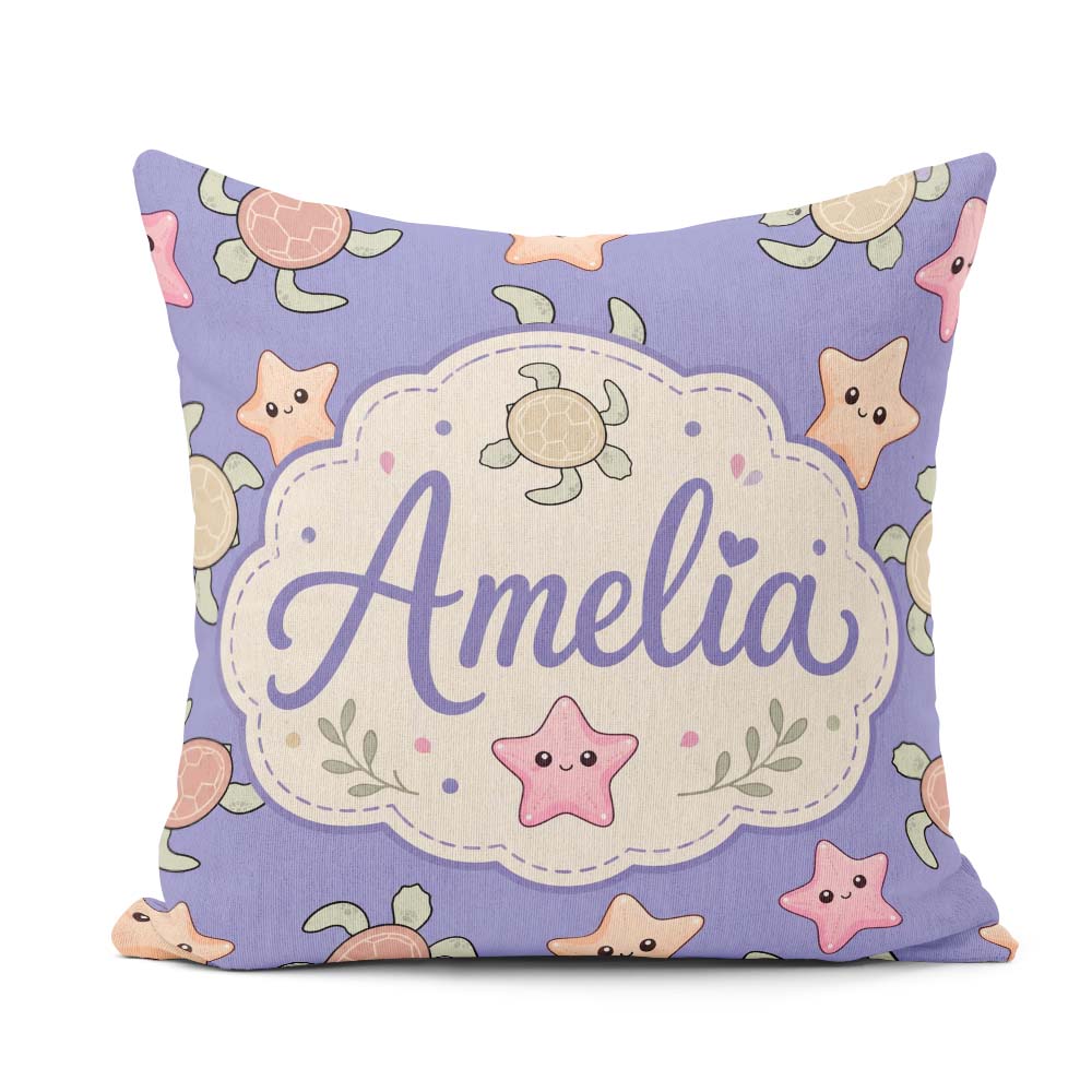 Custom Name Sea Turtle and Starfish Purple Seamless Pattern Name Square Filled Cushion Throw Pillow Sofa Bed Home Decor Zip Washable UK Made