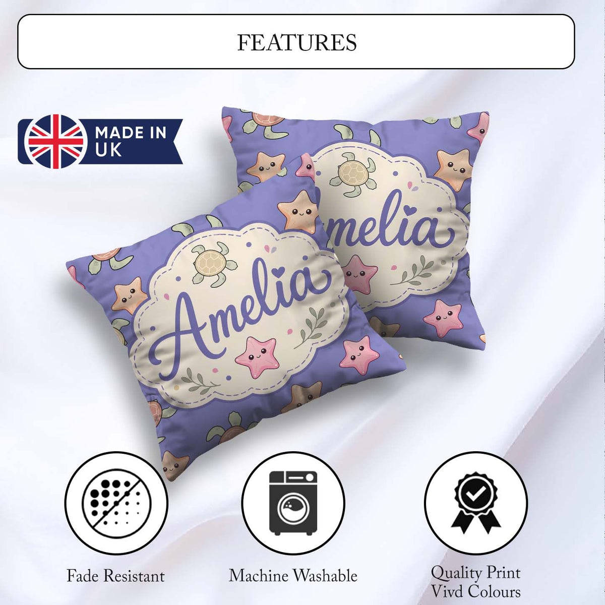 Custom Name Sea Turtle and Starfish Purple Seamless Pattern Name Square Filled Cushion Throw Pillow Sofa Bed Home Decor Zip Washable UK Made