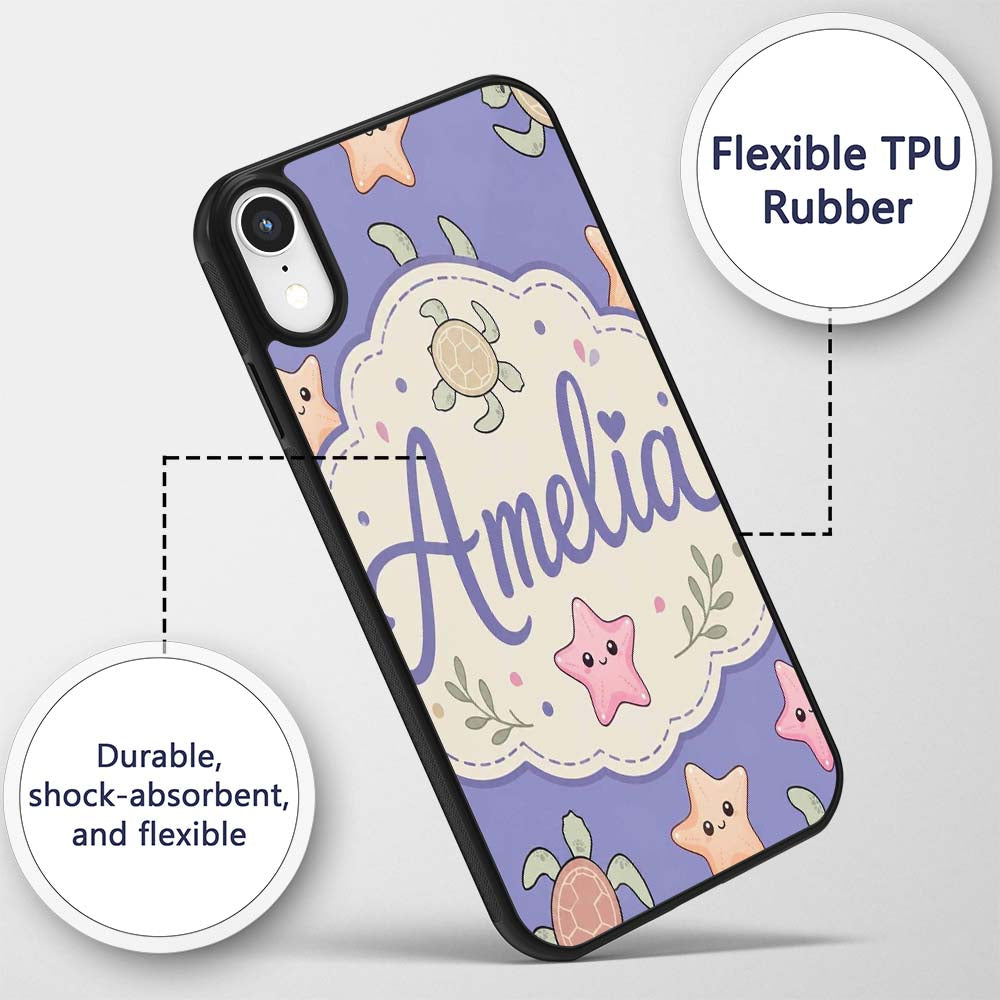 Cute Sea Turtle and Starfish Decorative Design Custom Name Protective Phone Case Mobile Cover Durable Everyday Smartphone Shock Resistant