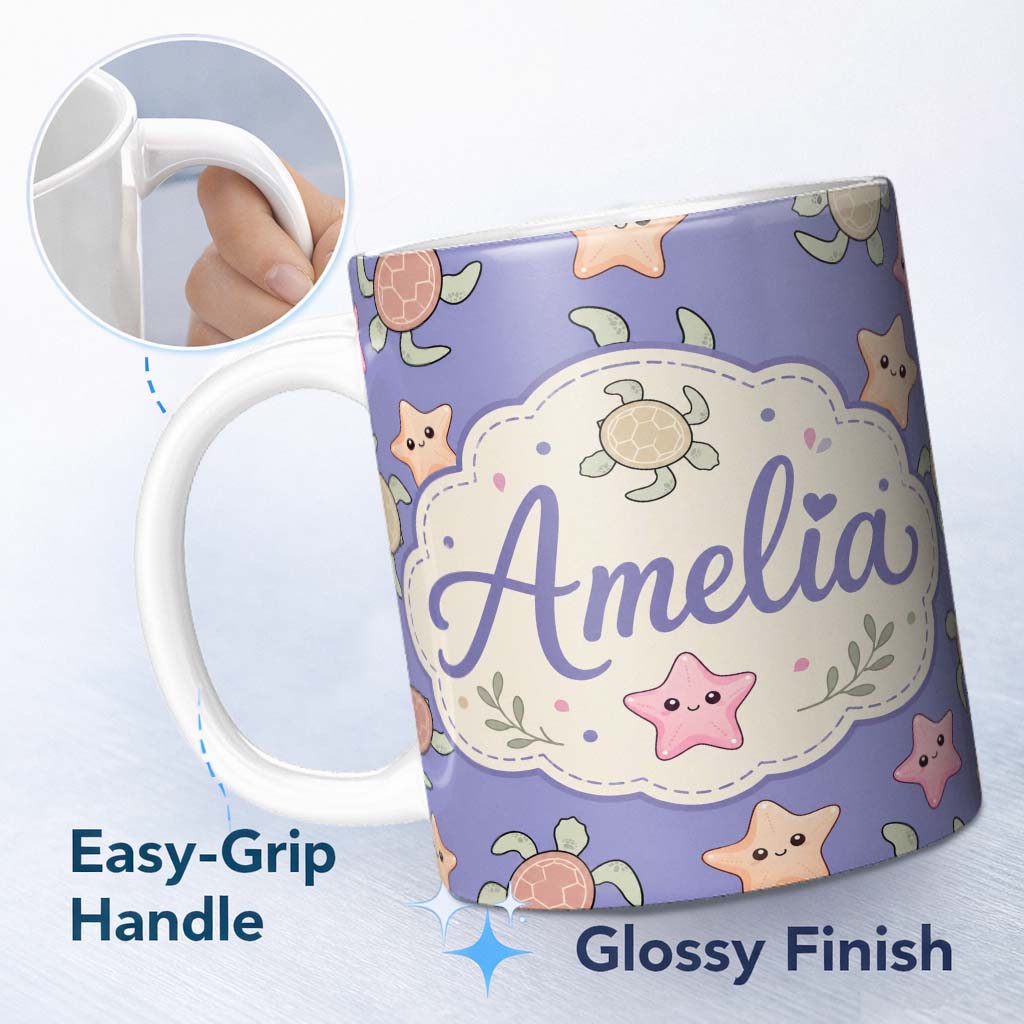 Personalized Custom Name Cute Sea Turtle and Starfish Purple Ocean Seamless Pattern Name 11oz Ceramic Coffee Tea Mug White Large Handle