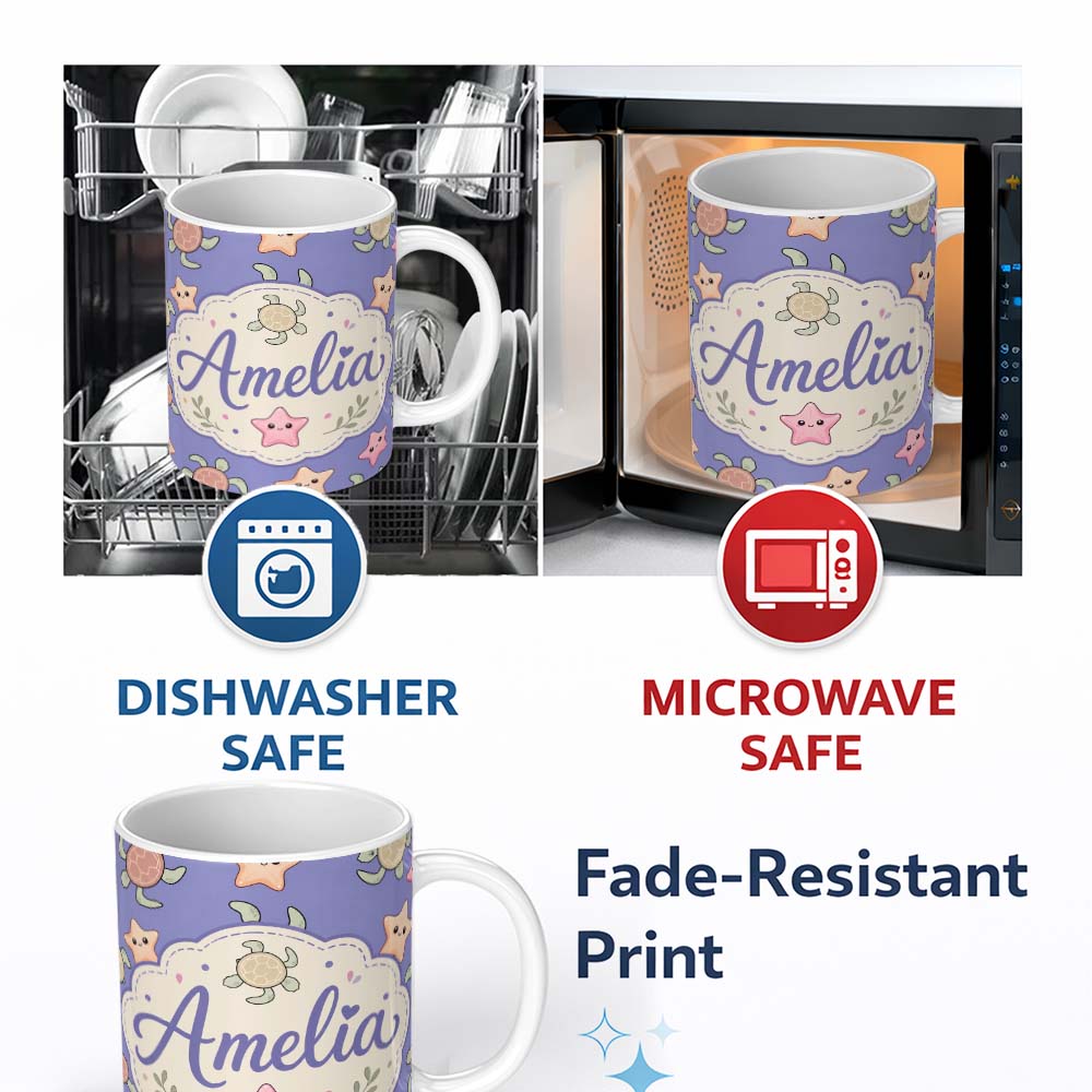 Personalized Custom Name Cute Sea Turtle and Starfish Purple Ocean Seamless Pattern Name 11oz Ceramic Coffee Tea Mug White Large Handle