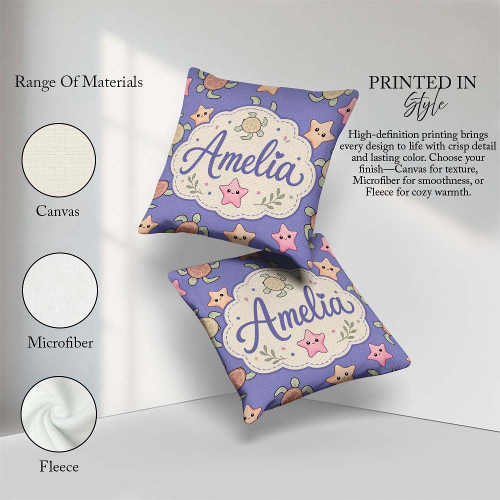 Custom Name Sea Turtle and Starfish Purple Seamless Pattern Name Square Filled Cushion Throw Pillow Sofa Bed Home Decor Zip Washable UK Made