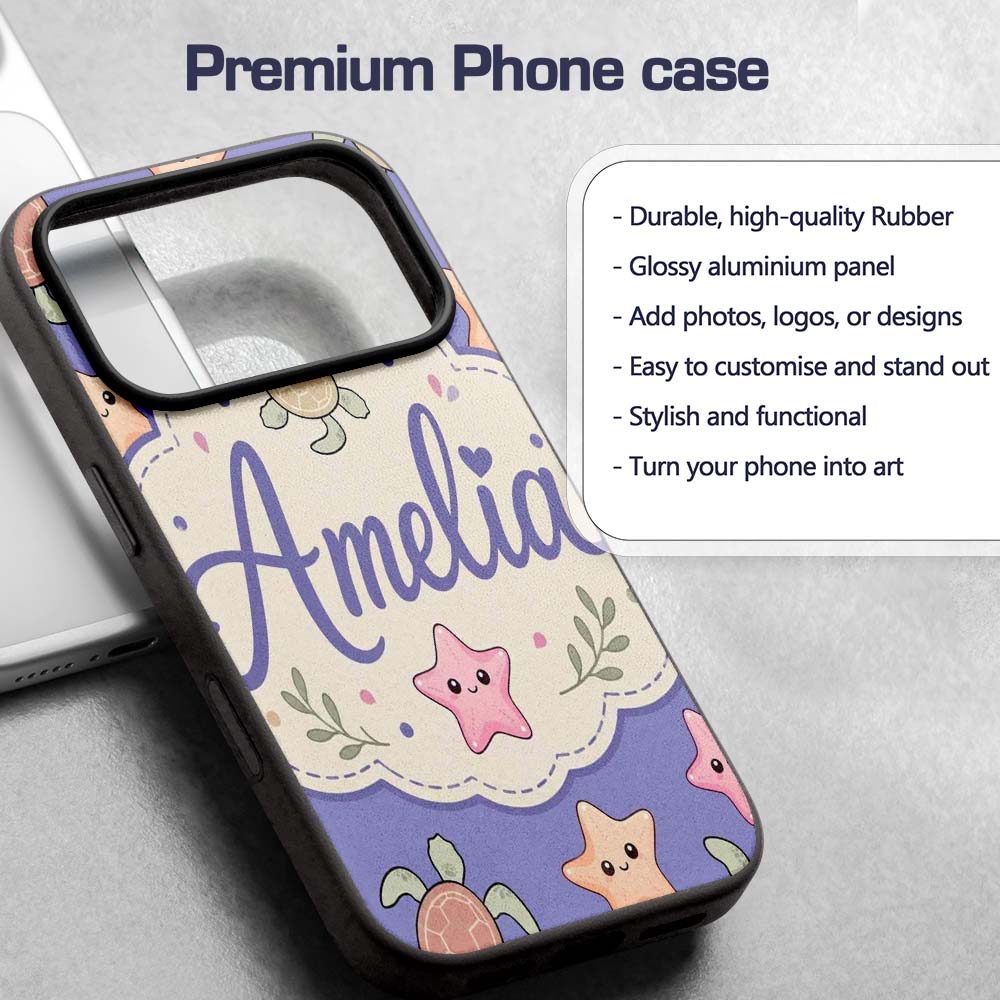 Cute Sea Turtle and Starfish Decorative Design Custom Name Protective Phone Case Mobile Cover Durable Everyday Smartphone Shock Resistant