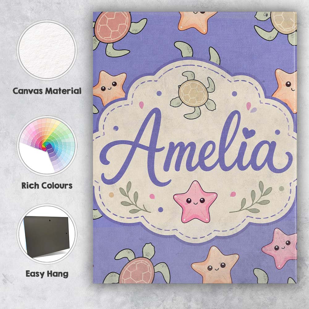 Personalised Name Cute Sea Turtle and Custom Modern Room Accent Creative Decorator Style Canvas Wall Art Print Decor Picture Ready to Hang