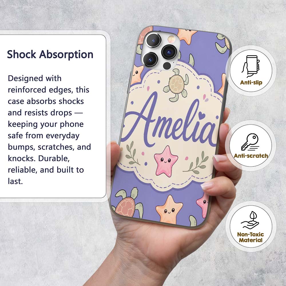 Cute Sea Turtle and Starfish Decorative Design Custom Name Protective Phone Case Mobile Cover Durable Everyday Smartphone Shock Resistant