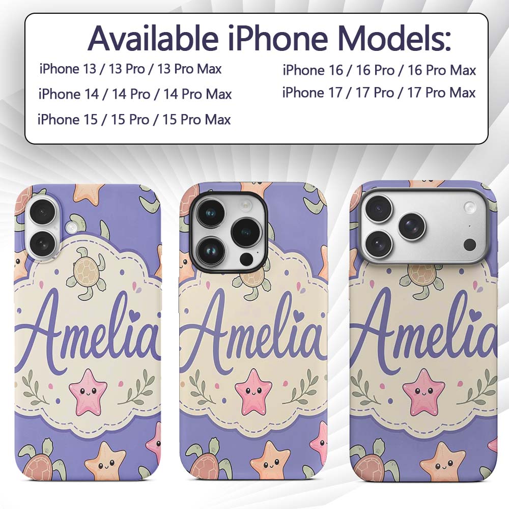 Cute Sea Turtle and Starfish Decorative Design Custom Name Protective Phone Case Mobile Cover Durable Everyday Smartphone Shock Resistant