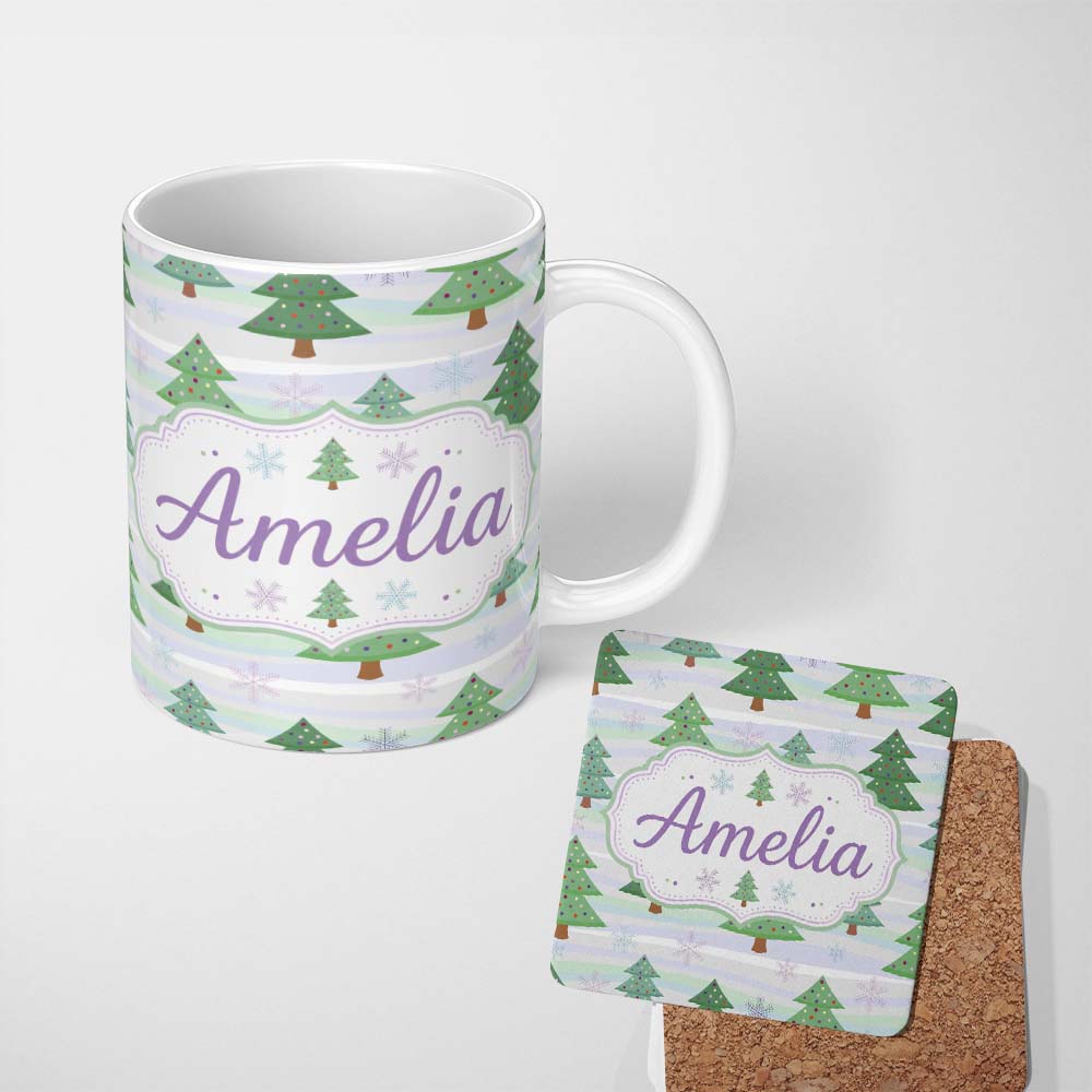 Personalized Custom Name Pastel Christmas Tree Snowflake Winter Landscape Seamless Pattern 11oz Ceramic Coffee Tea Mug White Large Handle