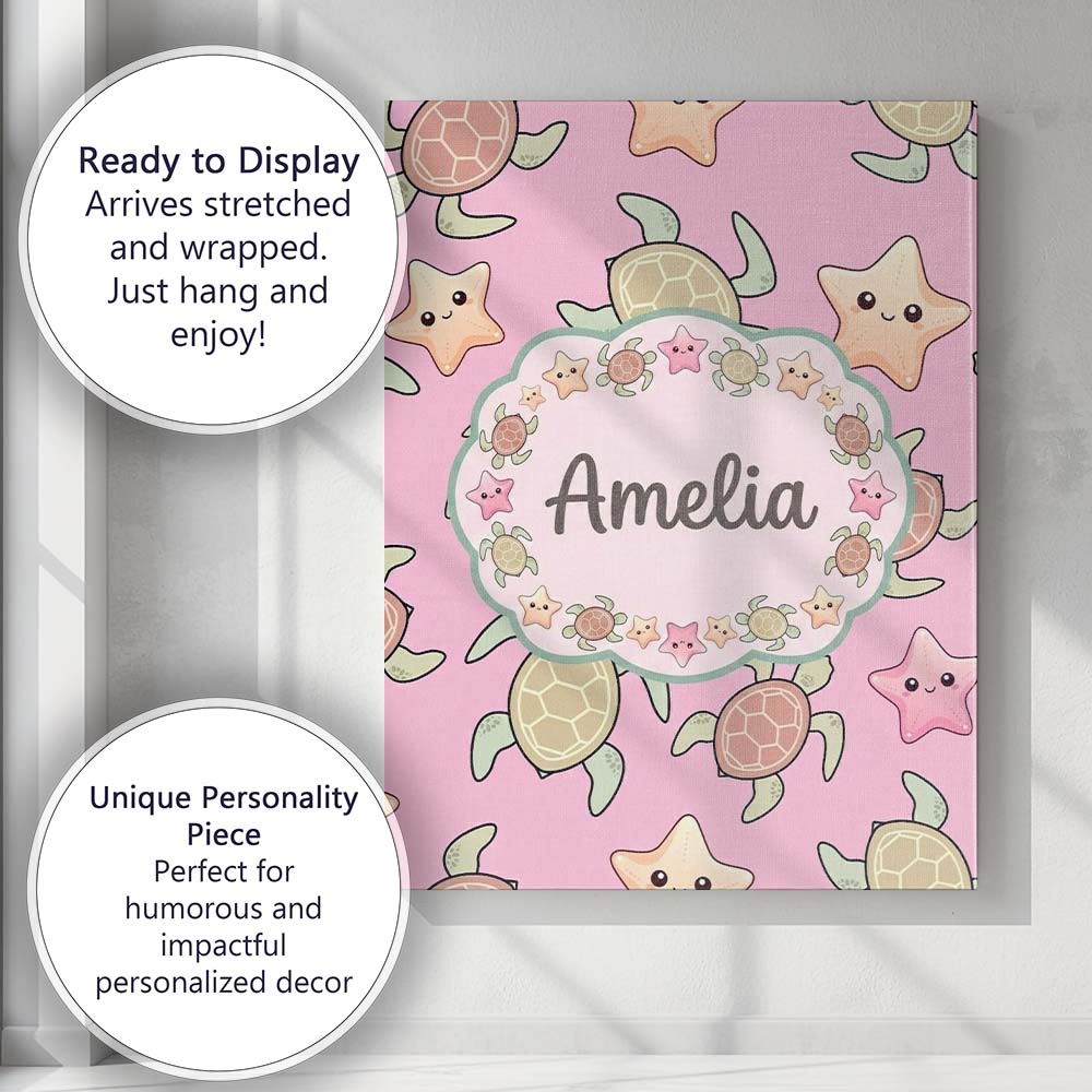 Personalised Name Cute Sea Turtle and Custom Modern Room Accent Creative Decorator Style Canvas Wall Art Print Decor Picture Ready to Hang