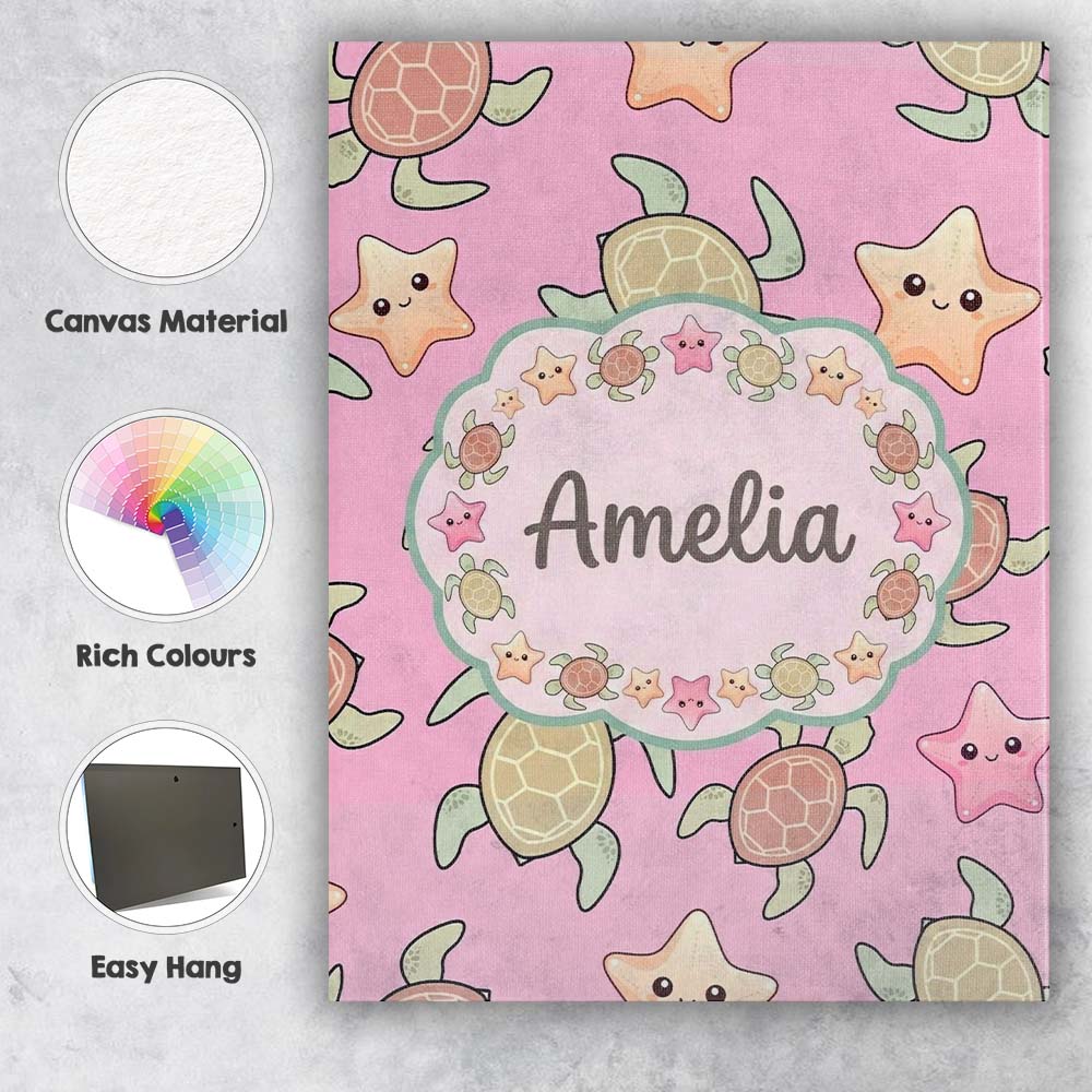 Personalised Name Cute Sea Turtle and Custom Modern Room Accent Creative Decorator Style Canvas Wall Art Print Decor Picture Ready to Hang