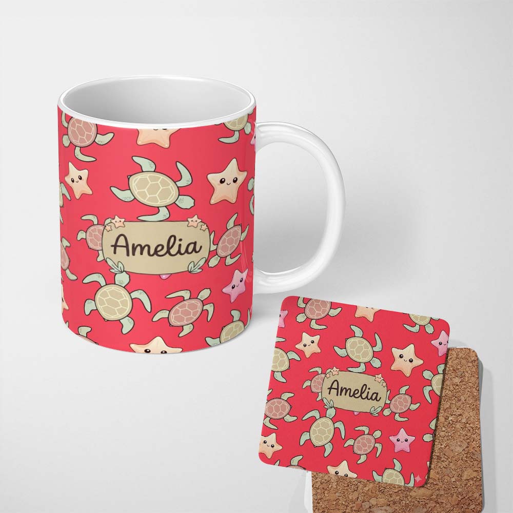 Personalized Custom Name Cute Sea Turtle and Starfish Bright Red Ocean Seamless Pattern 11oz Ceramic Coffee Tea Mug White Large Handle