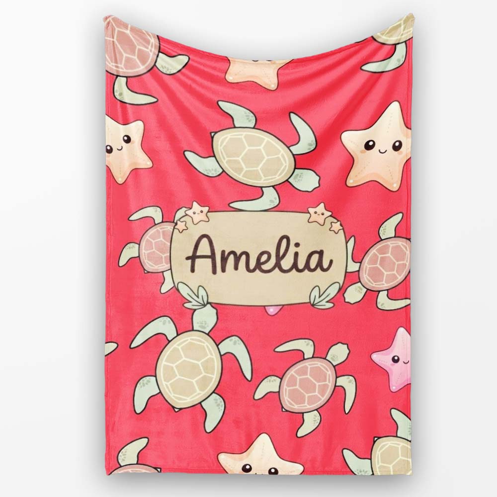 Cute Sea Turtle and Starfish Bright Red Ocean Seamless Pattern Personalised Custom Name Super Soft Fleece Blanket Bed Sofa Throw