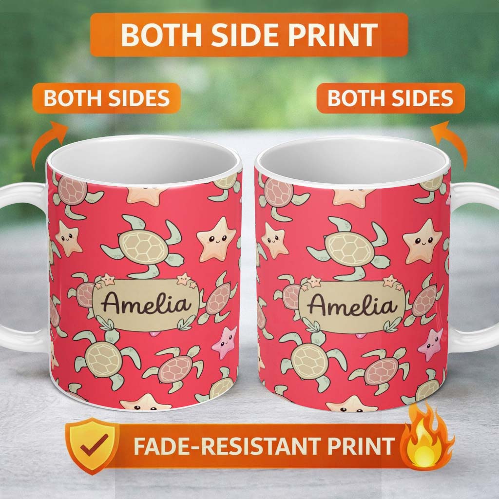 Personalized Custom Name Cute Sea Turtle and Starfish Bright Red Ocean Seamless Pattern 11oz Ceramic Coffee Tea Mug White Large Handle