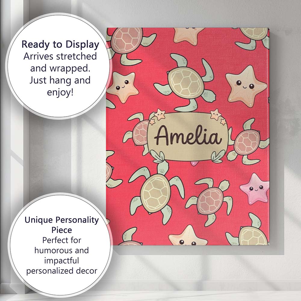 Personalised Name Cute Sea Turtle and Custom Modern Room Accent Creative Decorator Style Canvas Wall Art Print Decor Picture Ready to Hang